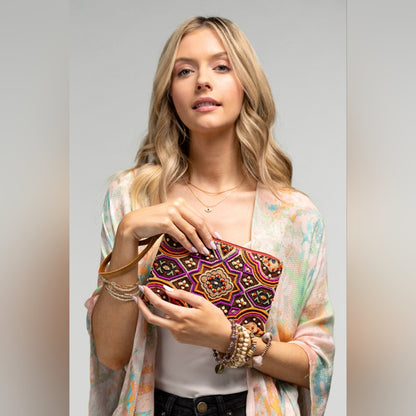 Handmade Hand Beaded Wristlet Clutch - Ethnic Inspired Motive - Dyed Fine Cotton