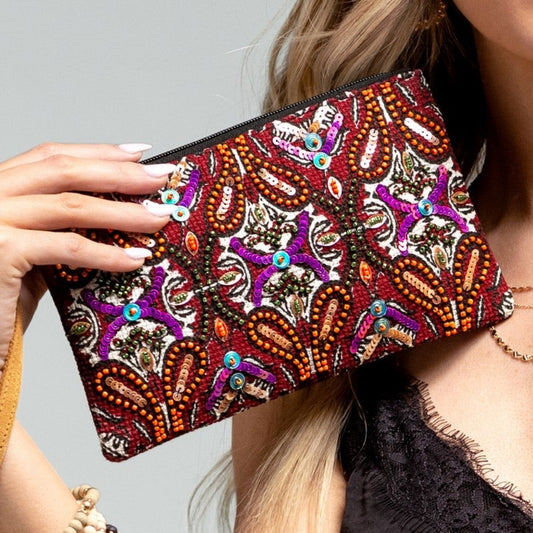 Handmade Hand Beaded & Sequined Wristlet Clutch - Unique Ethnic Inspired Pattern