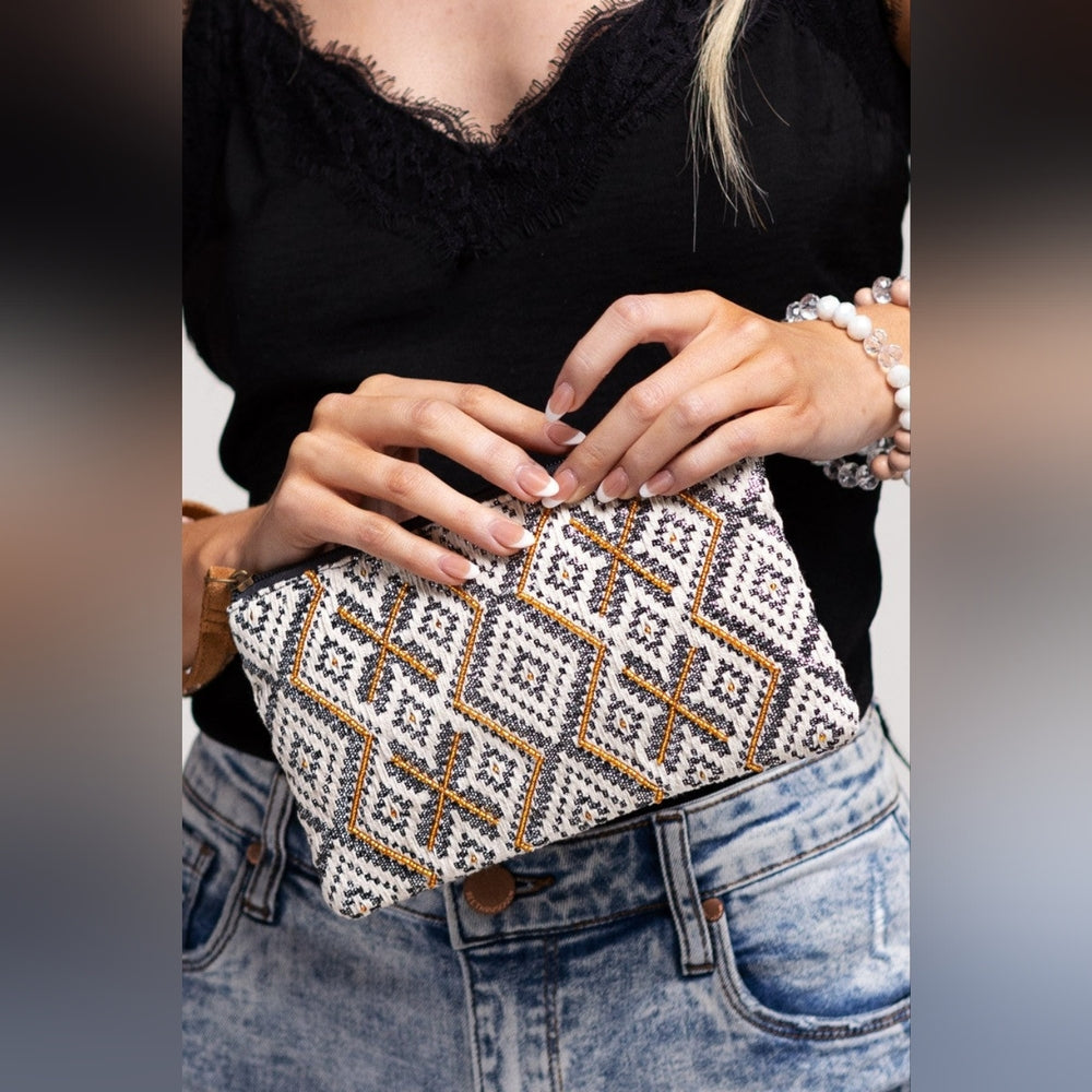 Handmade Hand Beaded Wristlet Clutch - Ethnic Inspired Motive - Gold Seed Beeds