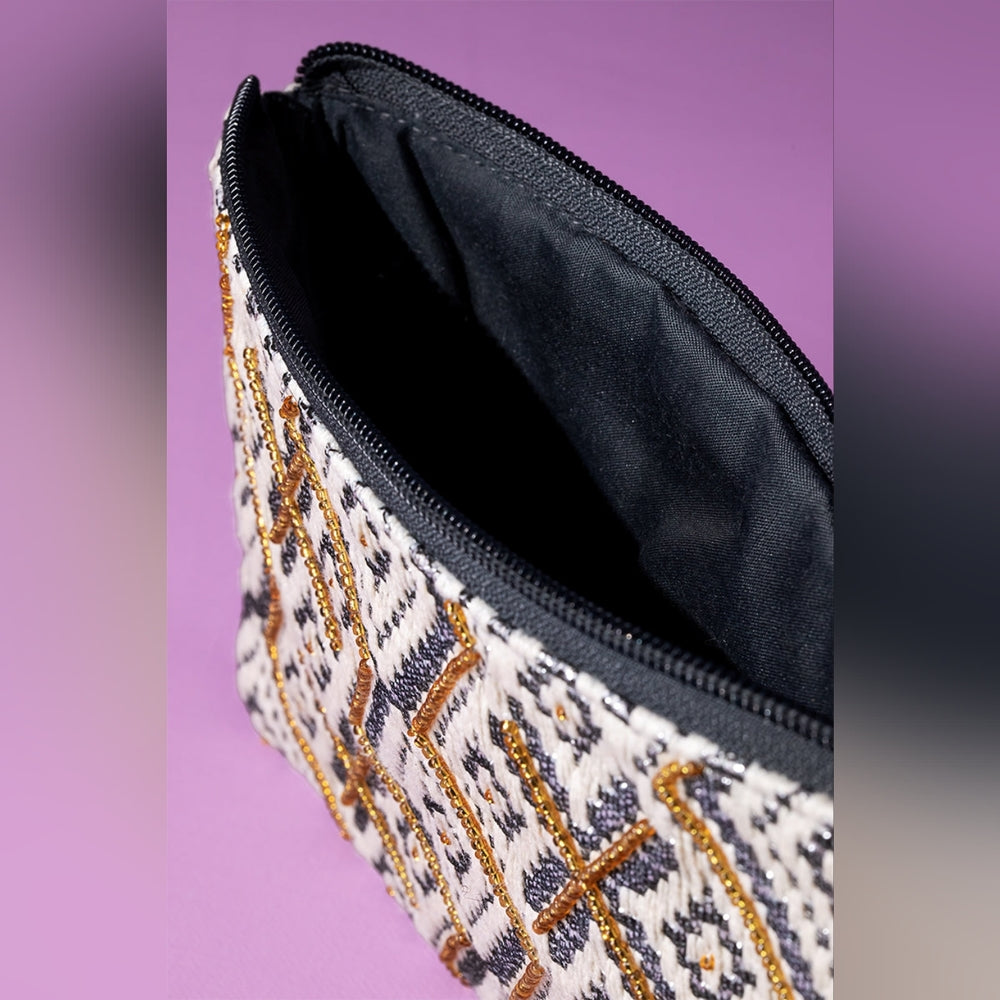 Handmade Hand Beaded Wristlet Clutch - Ethnic Inspired Motive - Gold Seed Beeds