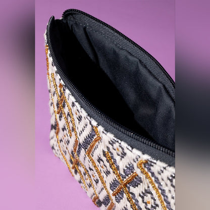 Handmade Hand Beaded Wristlet Clutch - Ethnic Inspired Motive - Gold Seed Beeds