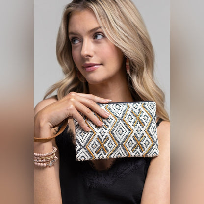 Handmade Hand Beaded Wristlet Clutch - Ethnic Inspired Motive - Gold Seed Beeds