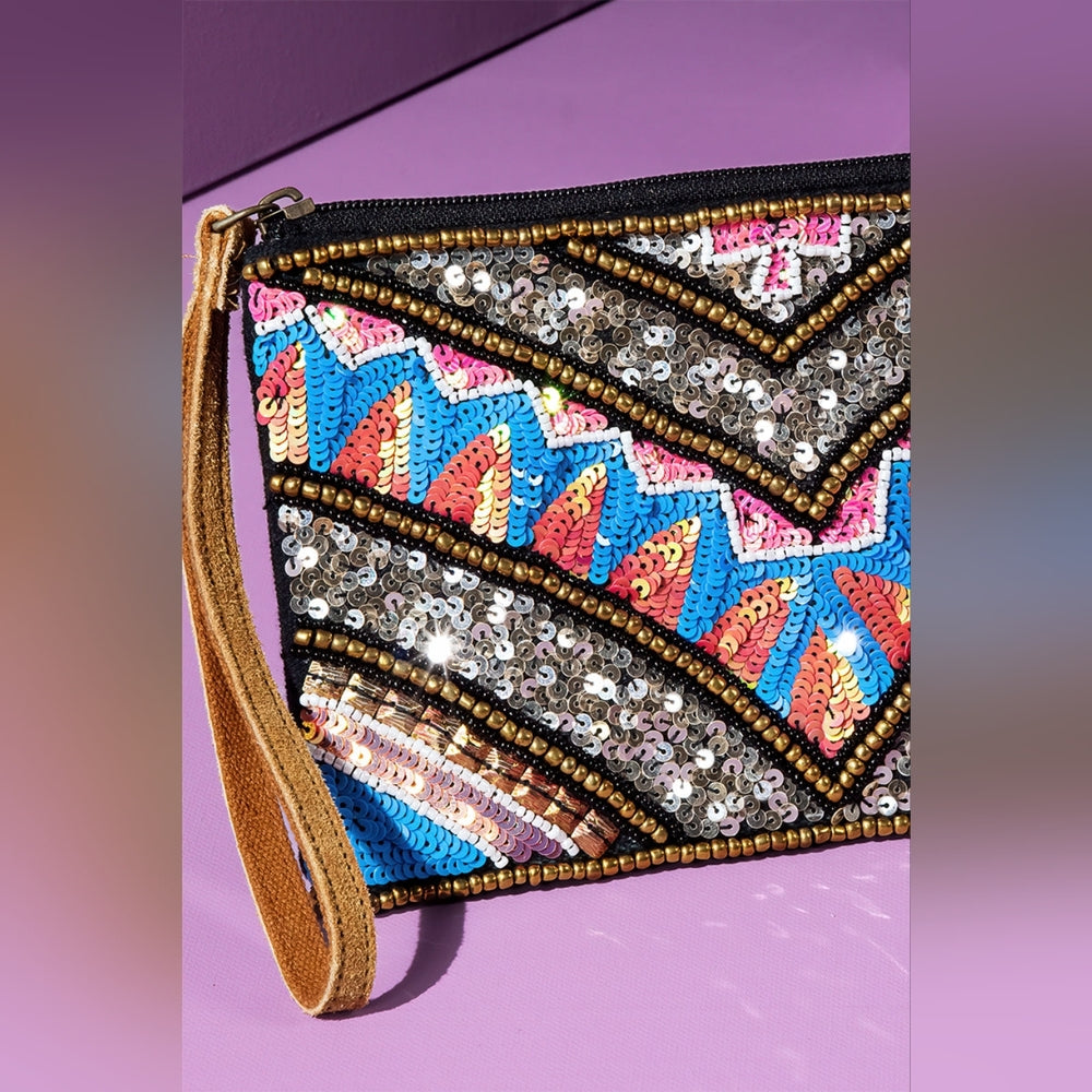 Handmade Hand Beaded & Sequined Wristlet Clutch - Ethnic Inspired Chevron Motif