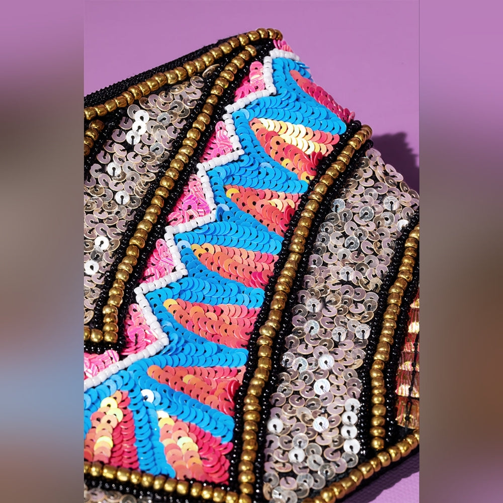 Handmade Hand Beaded & Sequined Wristlet Clutch - Ethnic Inspired Chevron Motif