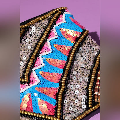 Handmade Hand Beaded & Sequined Wristlet Clutch - Ethnic Inspired Chevron Motif