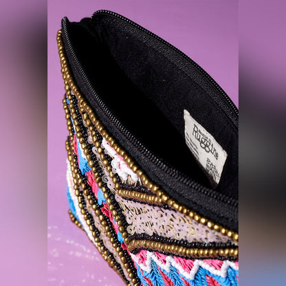 Handmade Hand Beaded & Sequined Wristlet Clutch - Ethnic Inspired Chevron Motif