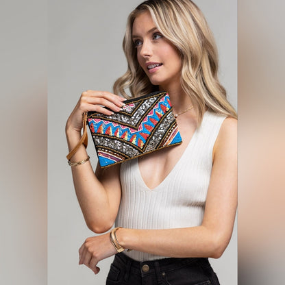 Handmade Hand Beaded & Sequined Wristlet Clutch - Ethnic Inspired Chevron Motif