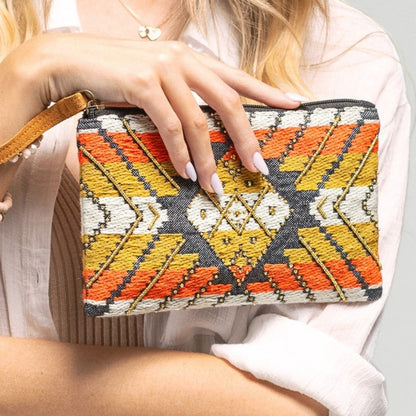 Handmade Hand Beaded Wristlet Clutch - Ethnic Inspired Design - Dyed Fine Cotton
