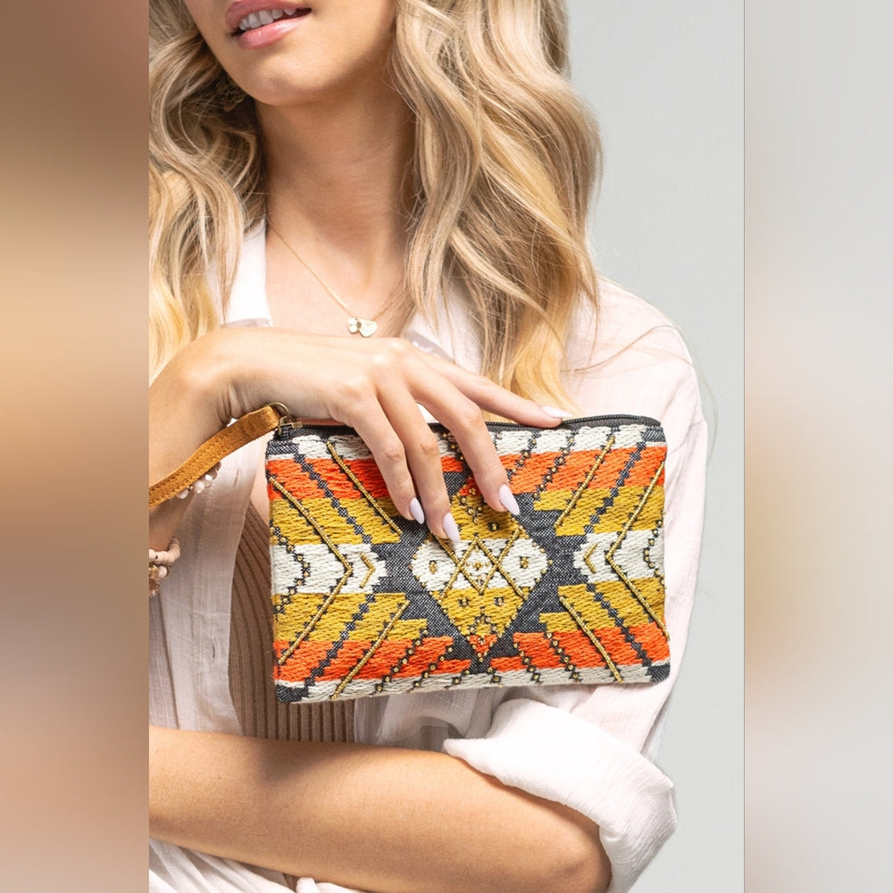 Handmade Hand Beaded Wristlet Clutch - Ethnic Inspired Design - Dyed Fine Cotton