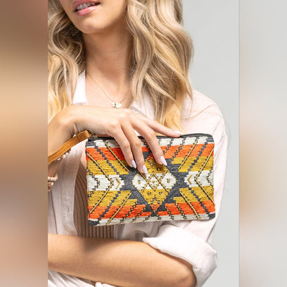 Handmade Hand Beaded Wristlet Clutch - Ethnic Inspired Design - Dyed Fine Cotton