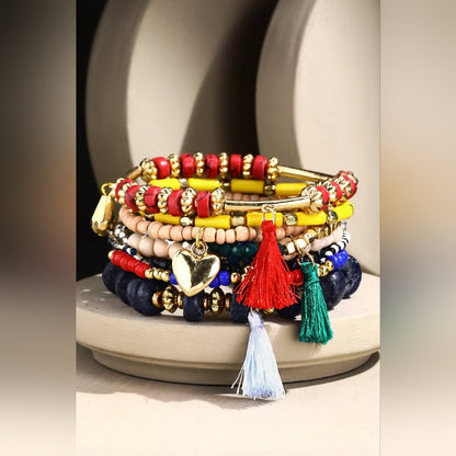 Colorful Bohemian Multi Strand Stretch Bracelet w Golden Heart Charm & Tassels