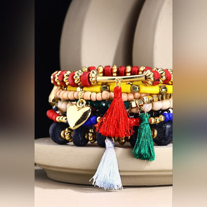 Colorful Bohemian Multi Strand Stretch Bracelet w Golden Heart Charm & Tassels