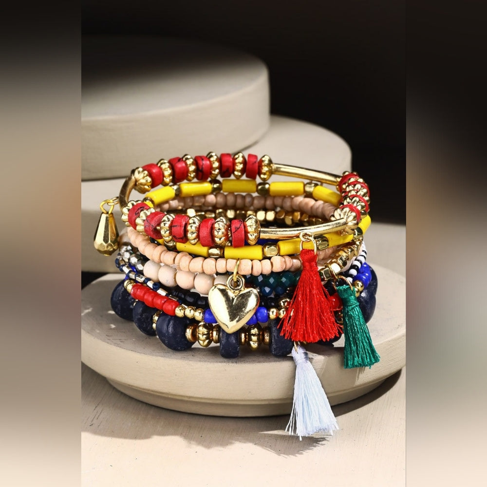 Colorful Bohemian Multi Strand Stretch Bracelet w Golden Heart Charm & Tassels