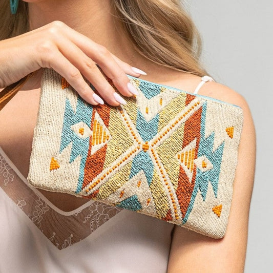 Handmade Hand Beaded Wristlet Clutch - Ethnic Inspired Design - Dyed Fine Cotton