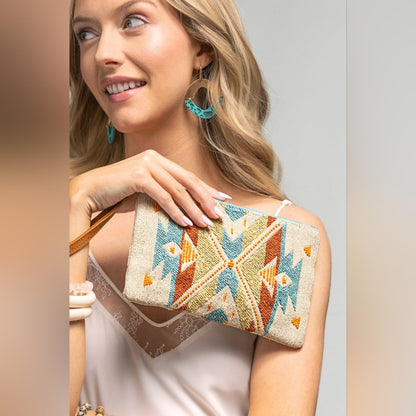 Handmade Hand Beaded Wristlet Clutch - Ethnic Inspired Design - Dyed Fine Cotton