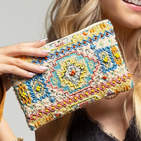 Colorful Handmade Hand Beaded Wristlet Clutch - Ethnic Inspired Geometric Design