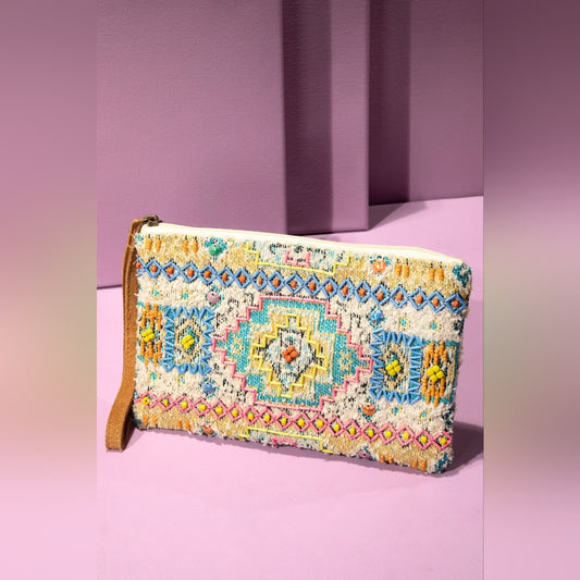 Colorful Handmade Hand Beaded Wristlet Clutch - Ethnic Inspired Geometric Design
