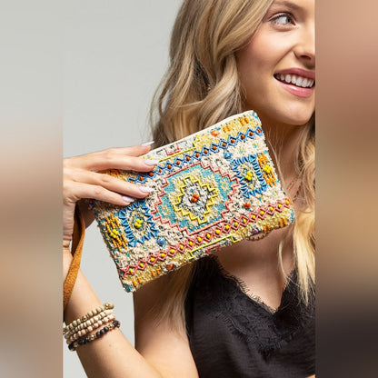 Colorful Handmade Hand Beaded Wristlet Clutch - Ethnic Inspired Geometric Design