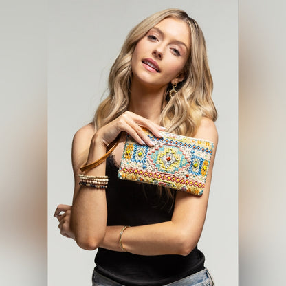 Colorful Handmade Hand Beaded Wristlet Clutch - Ethnic Inspired Geometric Design