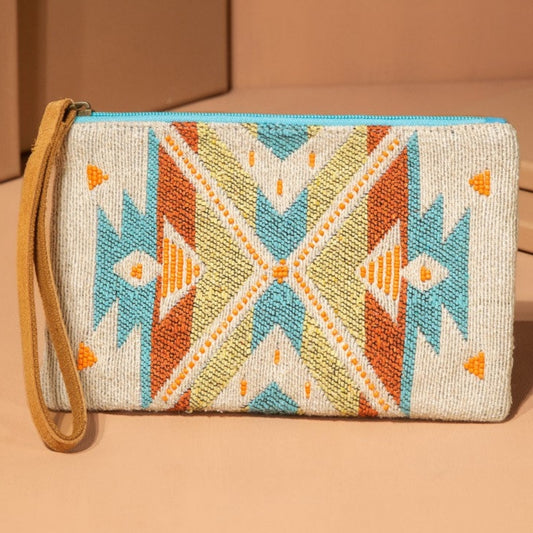 Handmade Hand Beaded Wristlet Clutch - Ethnic Inspired Design - Dyed Fine Cotton