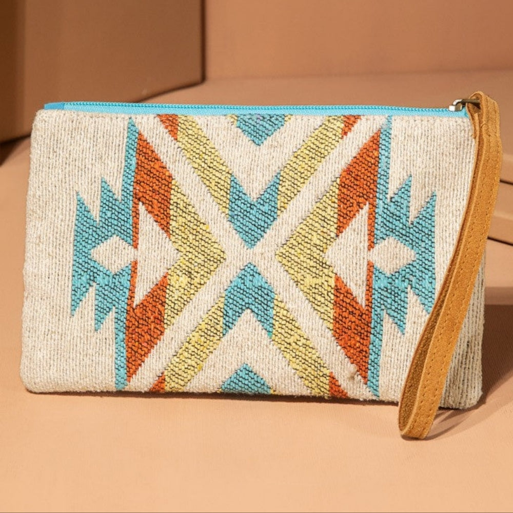 Handmade Hand Beaded Wristlet Clutch - Ethnic Inspired Design - Dyed Fine Cotton