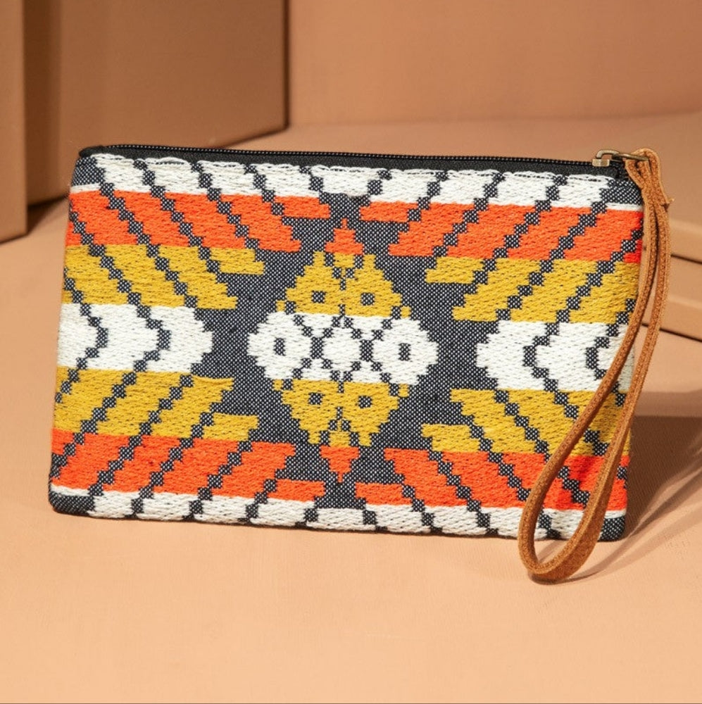 Handmade Hand Beaded Wristlet Clutch - Ethnic Inspired Design - Dyed Fine Cotton