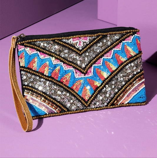 Handmade Hand Beaded & Sequined Wristlet Clutch - Ethnic Inspired Chevron Motif