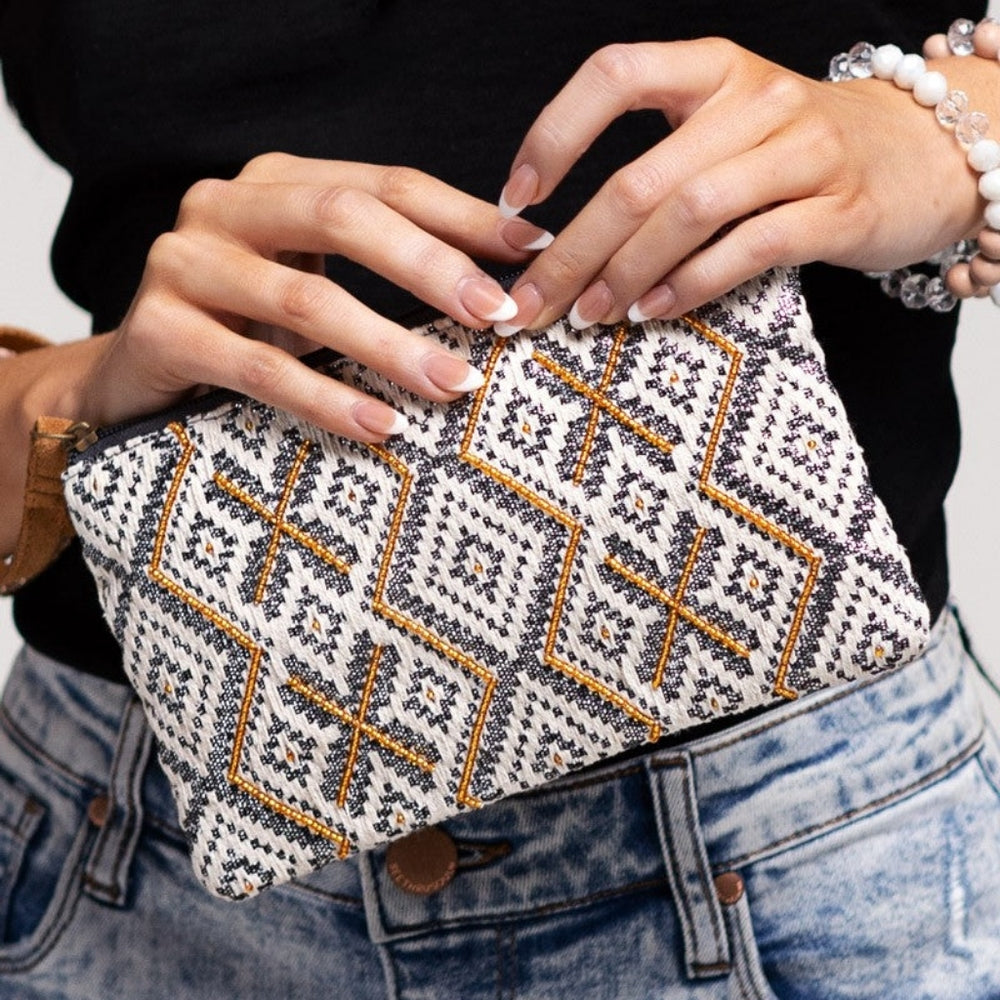 Handmade Hand Beaded Wristlet Clutch - Ethnic Inspired Motive - Gold Seed Beeds