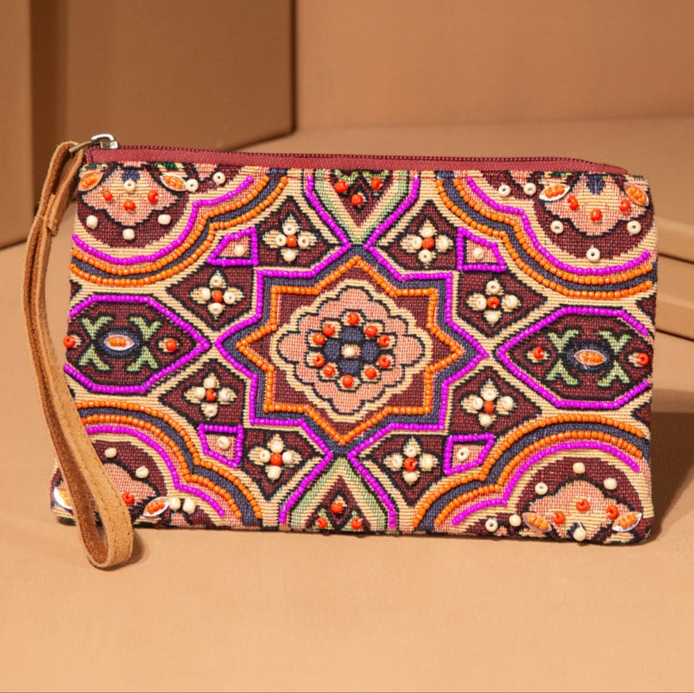 Handmade Hand Beaded Wristlet Clutch - Ethnic Inspired Motive - Dyed Fine Cotton