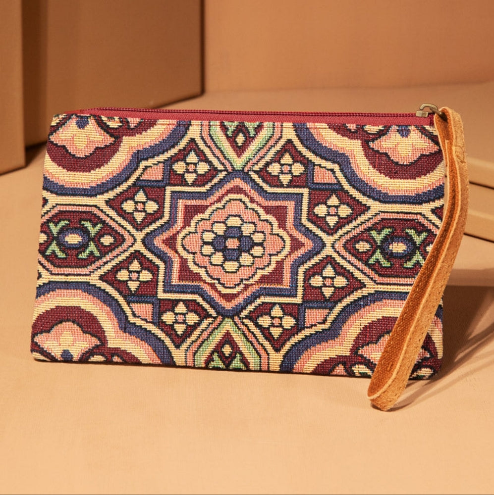Handmade Hand Beaded Wristlet Clutch - Ethnic Inspired Motive - Dyed Fine Cotton