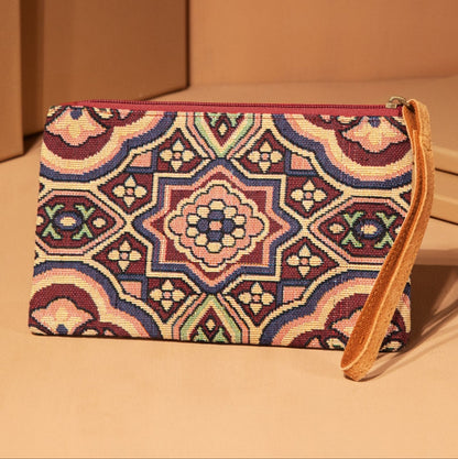 Handmade Hand Beaded Wristlet Clutch - Ethnic Inspired Motive - Dyed Fine Cotton