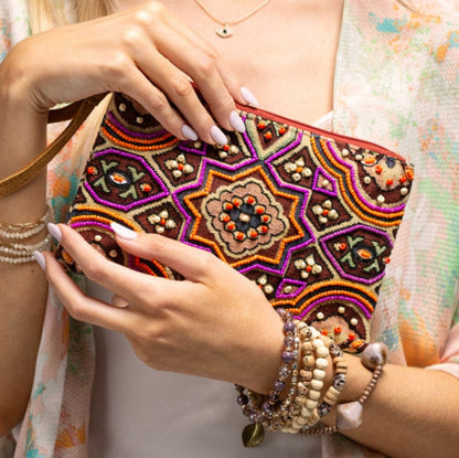 Handmade Hand Beaded Wristlet Clutch - Ethnic Inspired Motive - Dyed Fine Cotton