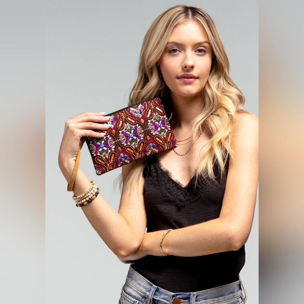 Handmade Hand Beaded & Sequined Wristlet Clutch - Unique Ethnic Inspired Pattern