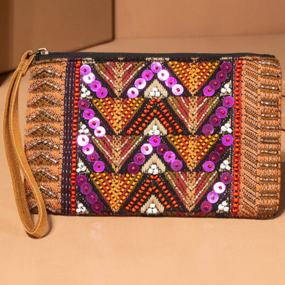 Handmade Hand Beaded & Sequined Wristlet Clutch - Ethnic Inspired Pattern