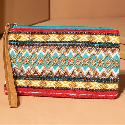 Handmade Hand Beaded Wristlet Clutch - Ethnic Inspired Motive - Dyed Fine Cotton