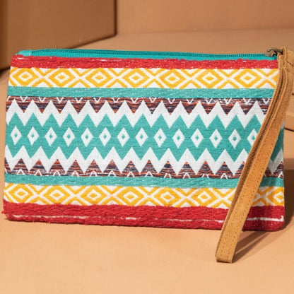 Handmade Hand Beaded Wristlet Clutch - Ethnic Inspired Motive - Dyed Fine Cotton