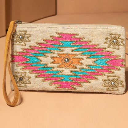 Handmade Hand Beaded Wristlet Clutch - Ethnic Inspired Motive - Dyed Fine Cotton