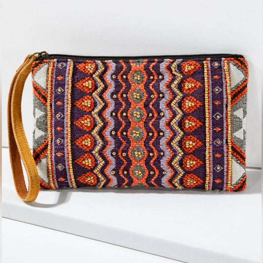 Handmade Hand Beaded Wristlet Clutch - Ethnic Inspired Motive - Dyed Fine Cotton