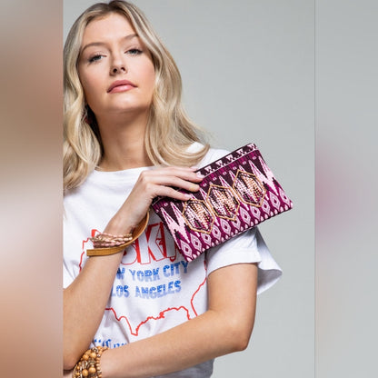 Handmade Hand Beaded Wristlet Clutch - Ethnic Inspired Design - Dyed Fine Cotton