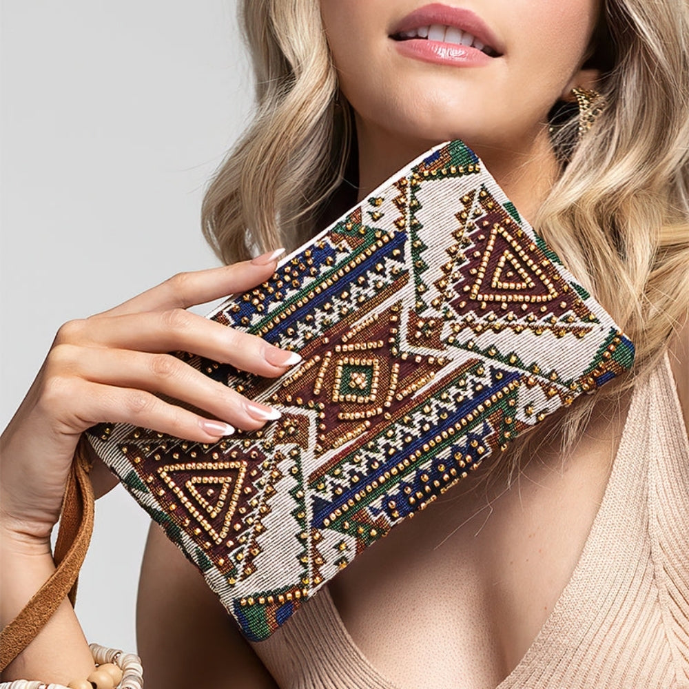 Ethnic Geometric Inspired Clutch / Wristlet - Seed Bead Detail -Fine Dyed Cotton