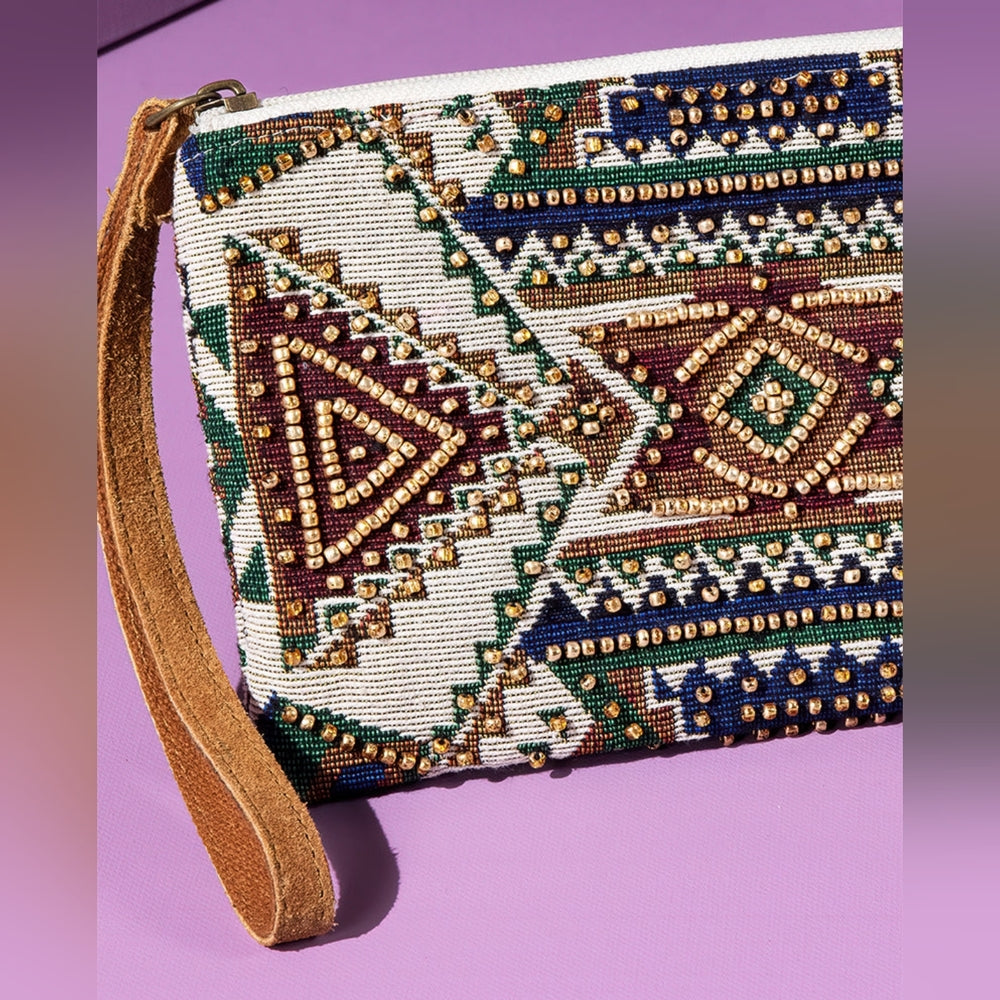 Ethnic Geometric Inspired Clutch / Wristlet - Seed Bead Detail -Fine Dyed Cotton