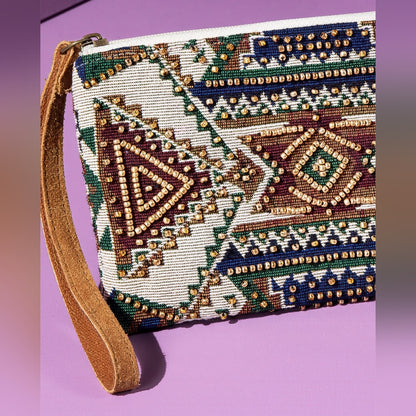 Ethnic Geometric Inspired Clutch / Wristlet - Seed Bead Detail -Fine Dyed Cotton