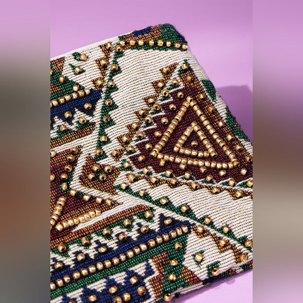 Ethnic Geometric Inspired Clutch / Wristlet - Seed Bead Detail -Fine Dyed Cotton