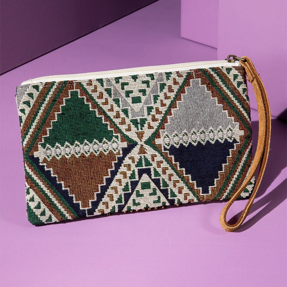 Ethnic Geometric Inspired Clutch / Wristlet - Seed Bead Detail -Fine Dyed Cotton