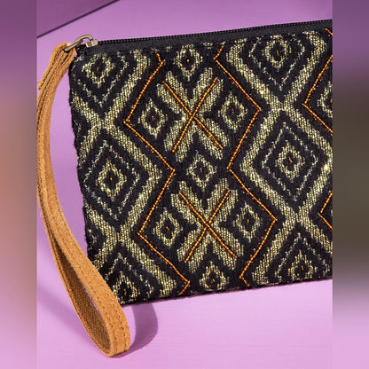 Handmade Hand Beaded Wristlet Clutch - Ethnic Inspired Design - Dyed Fine Cotton