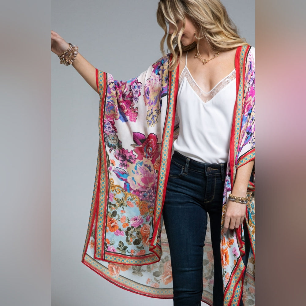 Italian Baroque & Floral Print Kimono w/ Fuchsia & Light Purple Tones