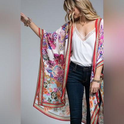 Italian Baroque & Floral Print Kimono w/ Fuchsia & Light Purple Tones