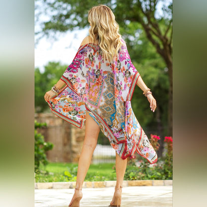 Italian Baroque & Floral Print Kimono w/ Fuchsia & Light Purple Tones