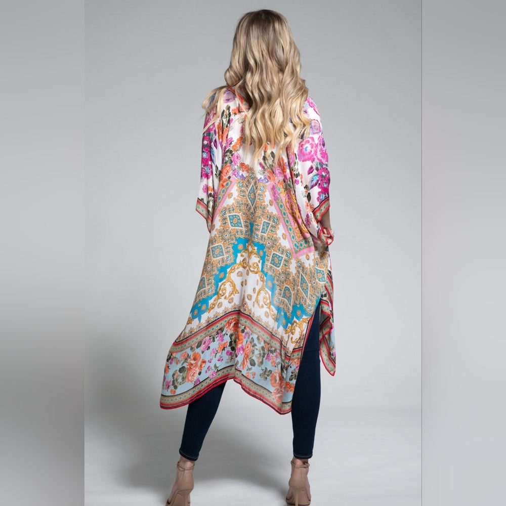 Italian Baroque & Floral Print Kimono w/ Fuchsia & Light Purple Tones