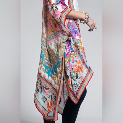 Italian Baroque & Floral Print Kimono w/ Fuchsia & Light Purple Tones